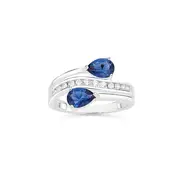 Silver Blue Pear Glass & Cz Wrap Ring in Blue