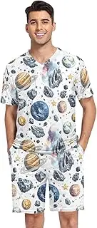 [GAIREG] Colorful Men's Pajama Set Short Sleeve V Neck 2 Pcs Sleepwear with Pockets S-XXL, Watercolor Solar System-tiles, Small