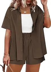 [IN'VOLAND] Women's Plus Size 2 Piece Tracksuit Outfits Sets Cotton Linen Sets Short Sleeve Shirt Drawstring Casual Shorts Set