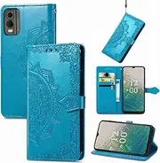 Fashion Flip Phone Leather Case Compatible with Nokia C32 C 32 Simplicity Non-Slip Stand Holder Anti-Fall Protective Shell Multifunction Card Slot Wallet (Blue,Nokia C32)
