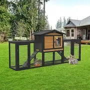 Advwin Chicken Coop Rabbit Hutch, Double Run Large Bunny Cage Wooden Rabbit Pet House Guinea Pig Cages 203x45x86cm - Brown