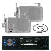 PLMRB29B Marine AUX USB Receiver, Antenna, Silver 3.5" 200W Marine Box Speakers