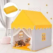 HONEY JOY Kids Play Tent, Large Playhouse for Children w/Washable Mat, Windows, Solid Wood Frame, Indoor Outdoor Princess Tent Castle Fairy Play Tent for Reading, Playing (Yellow)