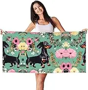 HTTUP Dachshund Florals Print Quick Dry Beach Towel Lightweight Oversized for Adults for Travel and Pool Towels