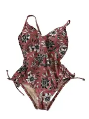 NWT Kona Sol Womens XS Mauve Black White Floral Swimsuit Cinched Tie Sides #288