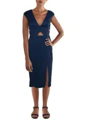 AIDAN AIDAN MATTOX Womens Blue Front Side Slit Sleeveless Midi Sheath Dress 2