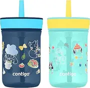 Contigo Leighton Kids Plastic Water Bottle, Spill-Proof Tumbler with Straw for Kids, Dishwasher Safe, 14oz 2-Pack, Blueberry/Spaghetti & Jade/Penguin