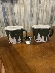 Robert Stanley Forest Green & White Coffee Cup Soup Bowl & Lid 24oz SET of 2