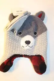 Gray Wolf Toboggan/Mittens Set NEW OSFM Grey Microfiber Ear Flaps Embroidered