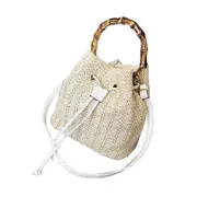 Nevenka Womens Bucket Drawstring Handbag Straw Crossbody Bags With Bamboo Handle-White