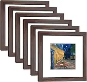 DEKWINN 8x8 Walnut Picture Frame Set of 6 with Real Glass for Pictures 5x5 with Mat or 8x8 Without Mat, Wall or Tabletop Gallery Photo Frames