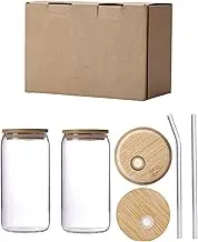 Drinking Glasses Cups with Lids and Straws，and Brushes - 16 oz Mason Jar Cups Tumbler Cup - Set of 2, Includes Lids and Glass Straws - Perfect for Coffee, Smoothies, Candy，Kitchen，and More!