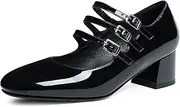 [Naiyee] Mary Jane Shoes Women, Patent Leather Low Chunky Heels Closed Round Toe Pumps Office Work Wedding Dress Shoes with Velcro Ankle Strap