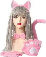 Cat Ears and Wolf Fox Animal Tail Cosplay Costume, Cat Costume Accessories Set, Cats Ear Headbands Tail Cats Paw Glove Bowknots Kids Halloween Animal Cosplays Accessories, Pink