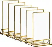 Acrylic Gold Sign Holders, 5x7 Clear Picture Frames with Gold Borders and Vertical Stand, Double Sided Table Menu Display Stand for Restaurant Signs, Wedding Table Numbers, Photos- 6 Pack