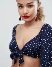 Boohoo Tie Front Polka Dot Crop Top Navy/White Size UK/AU 14 New Free postage