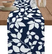 Navy Blue Botanical Table Runner 120 Inches, Summer Spring Floral White Leaf Bed