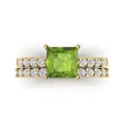 2.66ct Princess Cut Real Peridot Promise Bridal Ring Band set 14k Yellow Gold