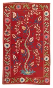 28x47 in Silk Embroidery Wall Hanging. Modern Bed Cover. Red Tablecloth. Throw