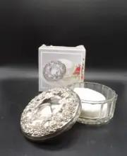 Vtg Vanity Powder Dresser Jar Round Glass Silver Plated Mirror Lid Trinket Box