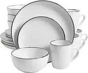 [Gibson Home] Rockaway Round Stoneware Dinnerware Set, Service for 4 (16pcs), Matte White/Metallic Rim