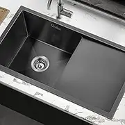 ALFORDSON Kitchen Sink Single Bowl with Waste Strainer & Drainboard, 870x 450x 205mm, 304 Stainless Steel Water Basin Sinks with 3mm Thick Edge & Nano Coating in Black