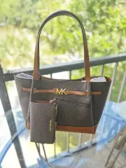 Michael Kors Reed Large Tote Shopper Shoulder Handbag Purse Bag Brown MK+Wallet