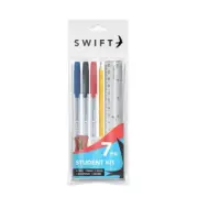 7pc Student Kit Black Red Blue Ballpoint Pen Pencil Ruler Sharpener Eraser.