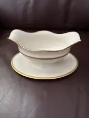 Lenox 1998 Porcelain S33White & Gold Encrusted Gravy Boat w/ Attached Underplate
