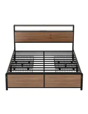 [Artiss] Metal Bed Frame Double Size with 2-Tier Storage Headboard Vintage Brown