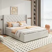 Bed Frame Double King Queen Size Winged Grey Linen Fabric Seam Grid Pattern with gas lift plywood metal structure