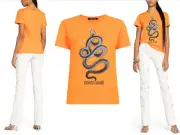 Roberto Cavalli Snake Print Monogram Cotton T-Shirt Top Lounge Iconic Shirt