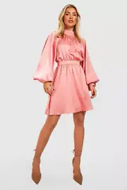 Pink Boohoo Blouson Sleeve Satin Mini Skater Dress