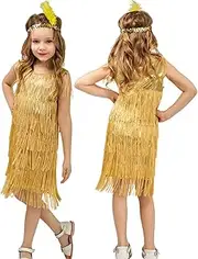 [KEOYA] Girl's Latin Dance Dress Sleeveless Shiny Fringe Halter Dance Dress Outfit Tassel Cha Cha Rumba Samba Dance Costume