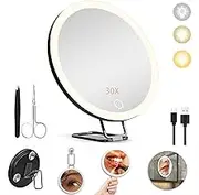 JJhxr 30X Magnifying Mirror with Light & Dimmer, 6" Large Makeup Mirror with 360° Table Stand & Suction Cups (Black)
