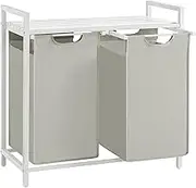 VASAGLE Laundry Basket, 2-Compartment Laundry Hamper, Pull-Out and Removable Laundry Bags, Laundry Sorter, Shelf, Metal Frame, 2 x 46L, 73 x 33 x 72 cm, White BLH201W01