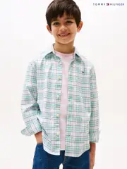 Tommy Hilfiger Green Flag Embroidery Check Shirt (H52529) | $104 - $127