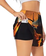 [WURTON] Airplane at Sunset Print Exercise Gym Workout Shorts Women's Athletic Shorts Dual-Layered Yoga Running Shorts