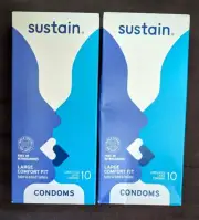 2-10ct Sustain Natural Latex Condoms LARGE Comfort Fit 20ct Lubricated x8/25