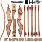 Archery 60" Takedown Recurve Bow Wooden Riser Hunting Carbon Arrows 25-50lb