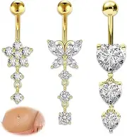 [Elkuaie] 3 Piece Set Butterfly Sunflower Heart Belly Button Piercing Pendants Women Belly Button Jewelry Belly Ring Piercing Jewelry, Verpackungsgröße - 10 x 7 x 0,1 cm