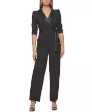 DKNY Side-Tie Collared Wrap Jumpsuit Womens 16 Black 3/4 Sleeve Back Zip Closure