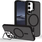[Tcaraersing] for Samsung Galaxy S24 Plus Magnetic Case with Stand [Compatible for MagSafe] Built-in Camera Ring Holder Stash Kickstand Slim Matte Frosted Cover Anti-Fingerprint, Black