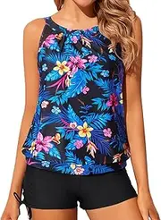 [Yonique] Tankini Swimsuits with Shorts - Tummy Control Two Piece Blouson Bathing Suits High Neck Swimwear