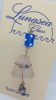 SEAFOAM WHITE SEAGLASS SUNCATCHER HAND WRAPPED WITH COPPER WIRE & GLASS BEADS