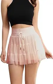 [Velius] Women's High Waisted Mesh Ruffle Drawstring Tennis Skirts with Shorts Pockets