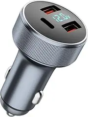 USB C Car Charger, 72W PD3.0 Dual QC 3.0 3 Port USB Fast Charging Adapter, Mini Metal USB Cigarette Lighter with LED Digital Voltmeter for iPhone 11/12/13/14, MacBook,iPad Pro, Samsung S22/S21