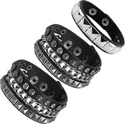 [Cncedi] 3 Pcs Leather Studded Punk Bracelets, Adjustable Black Rivet Cuff Spike Cuffs, 80s Retro Theme Goth Punk Rock Bracelet for Men Women for Parties, Cosplay, Stage Performances, One Size, Leather, No