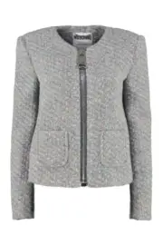 AW20 Moschino Couture Jeremy Scott Boucle Wool Jacket in Gray & Oversized Zipper