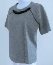 ANN TAYLOR NWT Heather Gray Short Sleeve Fringe Pom Pom Neck Trim Sweatshirt SzM